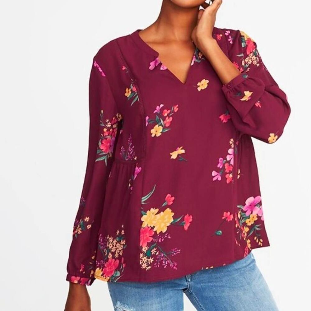 🔹️NWT Old Navy Maroon Georgette Swing Peasant Long Sleeve Top Large